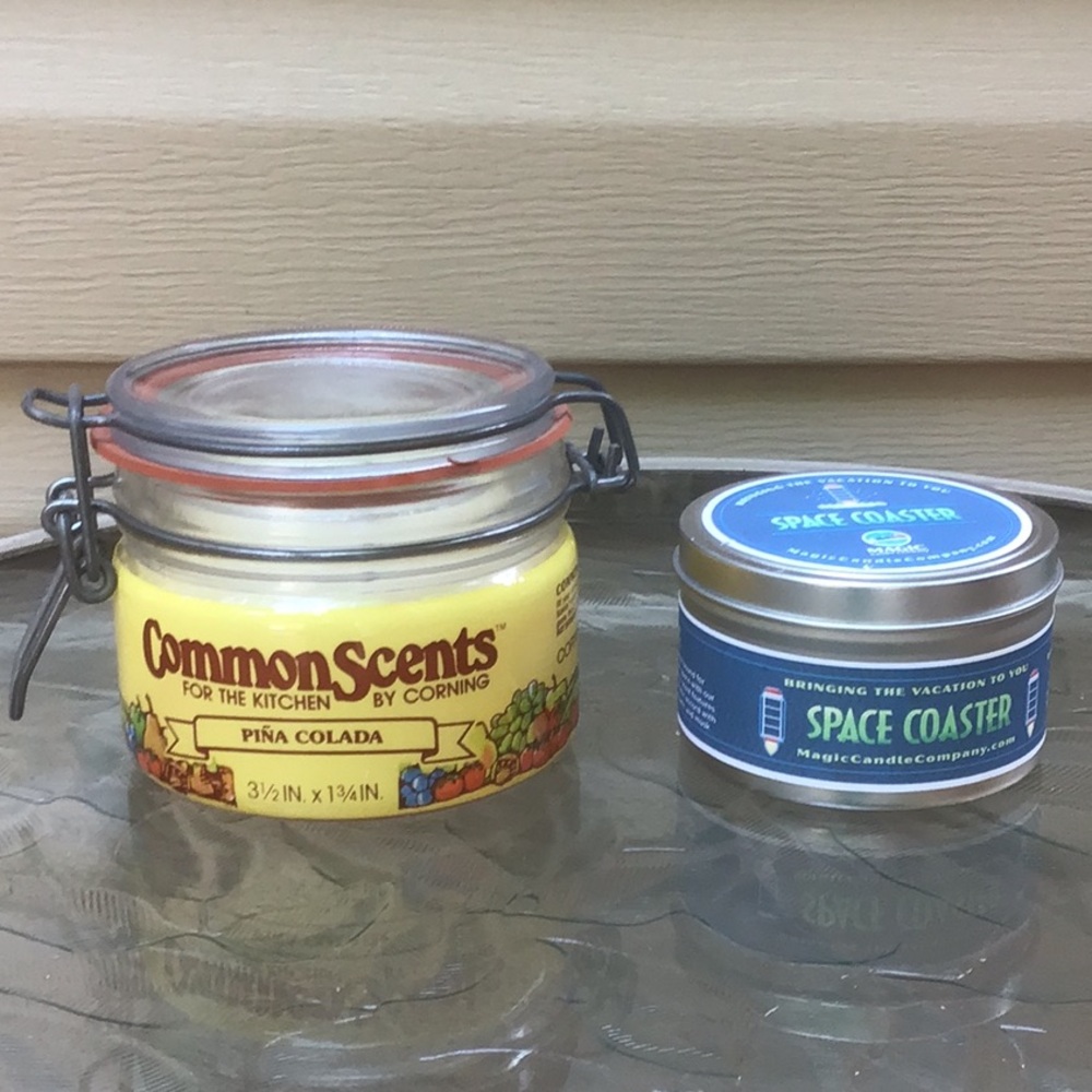 New Candles, VTG Corning Kitchen Candle and Space Coaster Tin Candle